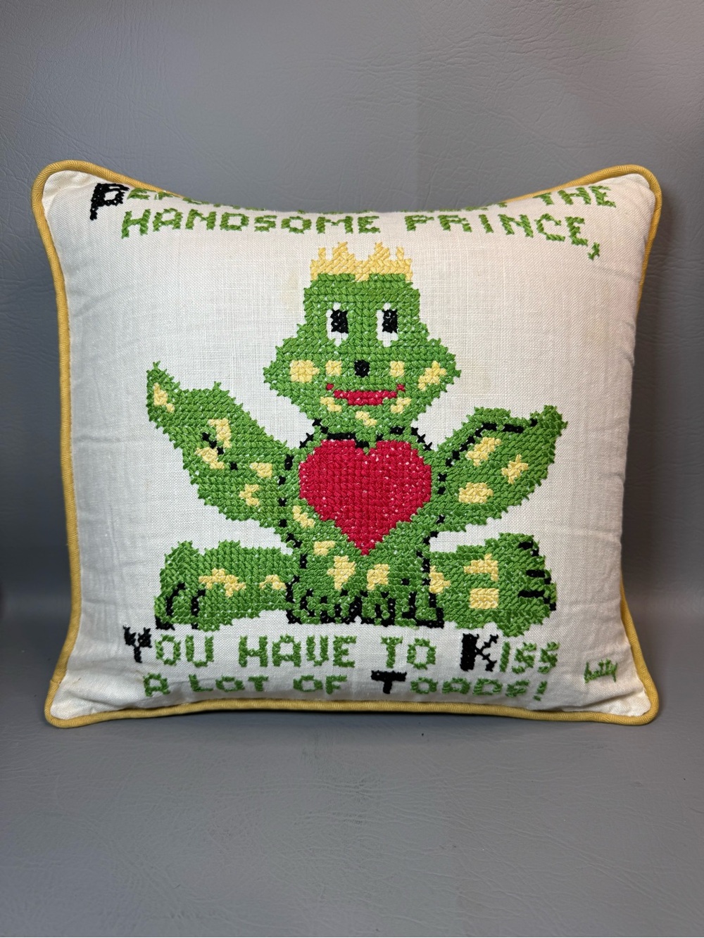 VTG 60s Frog Prince Needlepoint Fabric Throw Pillow Signed Toad Handmade Whimsy